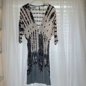 Deep V Neck Plus Size Grey and White Pattern Dress